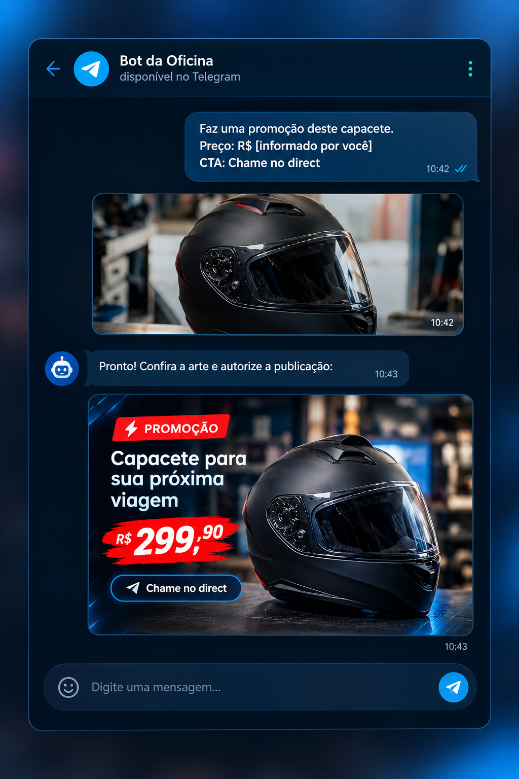 Prévia do bot no Telegram criando uma promoção de capacete e aguardando autorização do dono